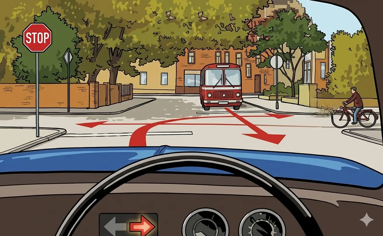 Driver's view at a stop sign with a bus ahead and a cyclist on the right